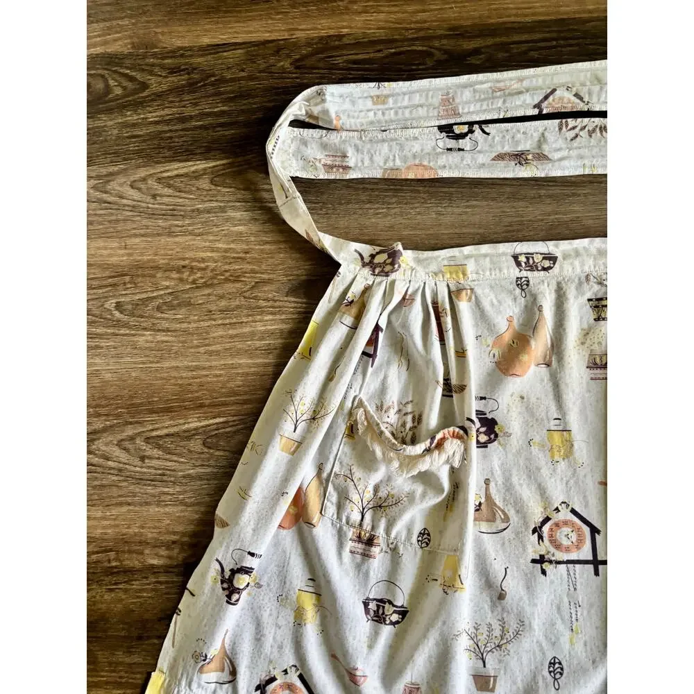 Vintage 50s Half Apron Novelty Kitchen Print Kitsch Attached Hand Towel Cotton